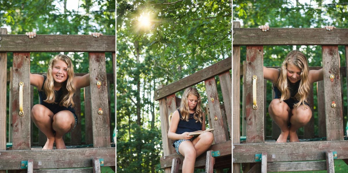 Photographers in Greensboro NC with tween girl in treehouse