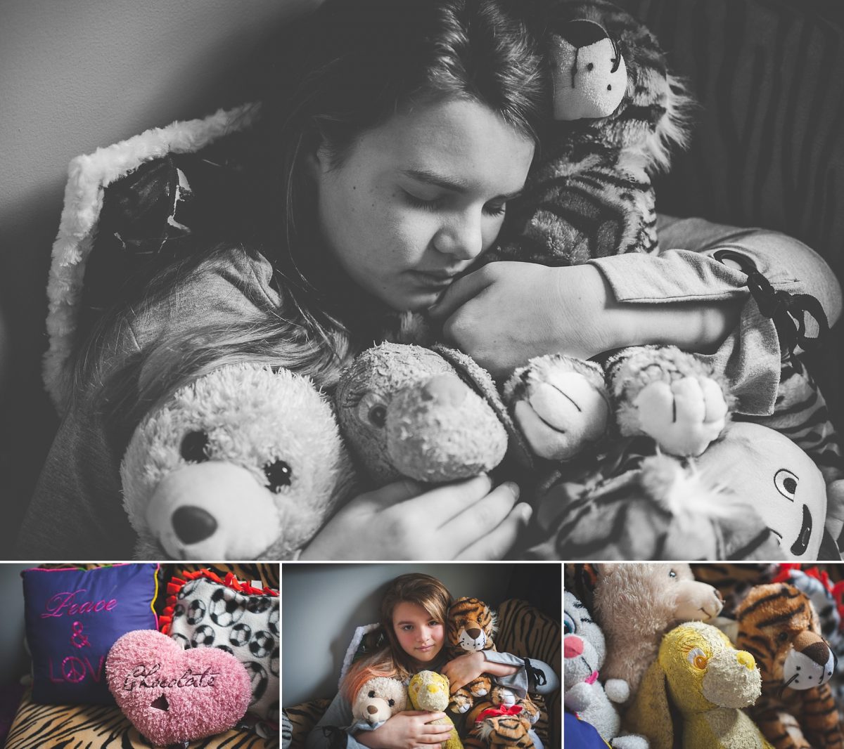Photographers in Greensboro NC with girl hugging stuffed animals