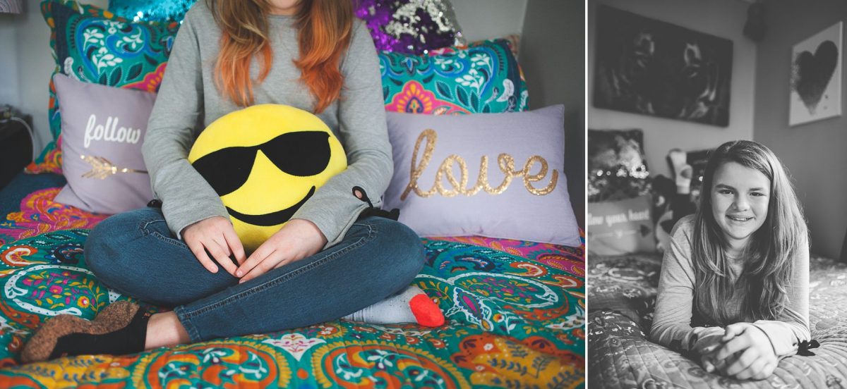 Photographers in Greensboro NC with girl on bed with emoji pillow