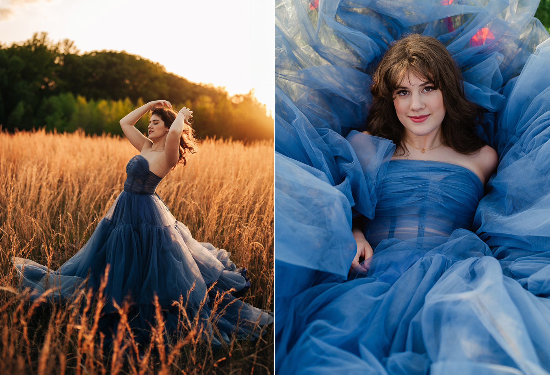 Girl in blue dress in field